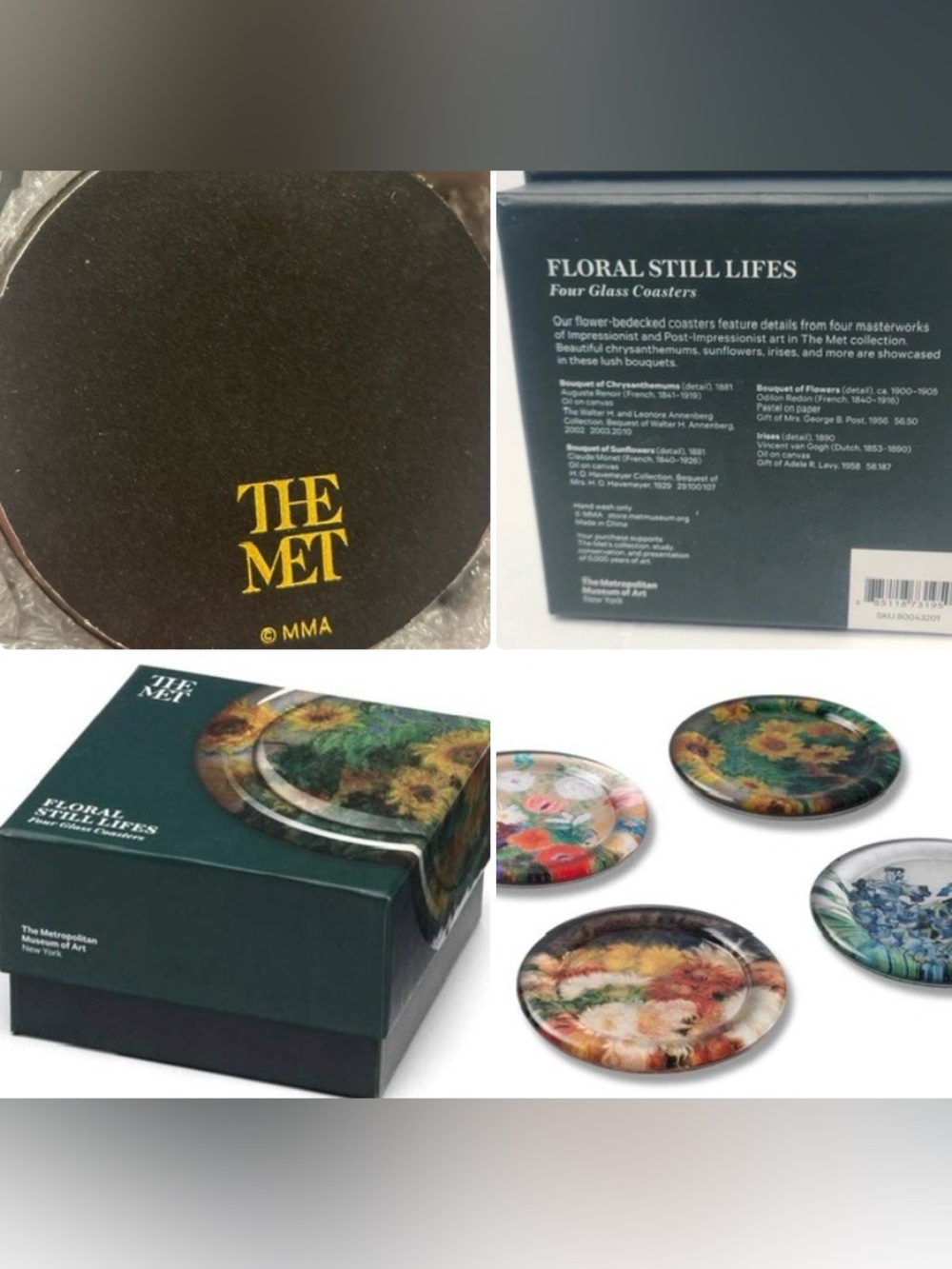 Metropolitan Museum of Art Impressionist Floral Still Life Glass Coaster Set NEW